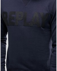 Replay Tonal Felt Logo Crew Sweatshirt In Navy