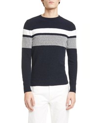 Eleventy Slim Fit Stripe Cotton Blend Crewneck Sweater