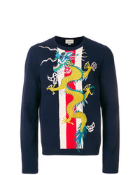 Gucci Web Intarsia Sweater With Dragon Appliqu