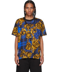 VERSACE JEANS COUTURE Blue Gold Tartan Baroque Print T Shirt