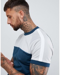 ASOS DESIGN Longline T Shirt With Contrast Yoke In Woven Fabric And Curved Hem In Navy