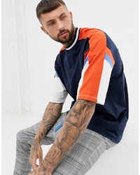 ASOS DESIGN Oversized Longline T Shirt With Contrast Body And Sleeve Panels With Tipping In Navy