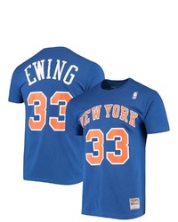 Mitchell & Ness Patrick Ewing Blue New York Knicks Hardwood Classics Stitch Name Number T Shirt