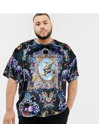 ASOS DESIGN Plus Oversized Velour T Shirt With Half Sleeve And All Over Historical Scene And Floral Print