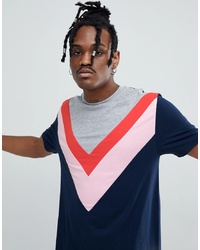 ASOS DESIGN Relaxed Longline T Shirt With Chevron Colour Block In Navy