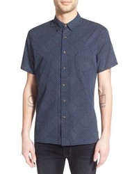 Navy Print Denim Short Sleeve Shirt