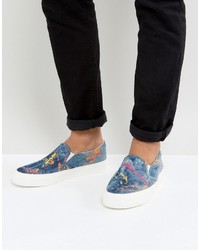 Navy Print Denim Slip-on Sneakers
