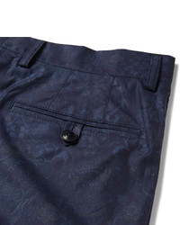 Etro Blue Slim Fit Damask Printed Stretch Cotton Suit Trousers