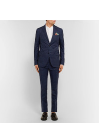 Etro Blue Slim Fit Damask Printed Stretch Cotton Suit Trousers