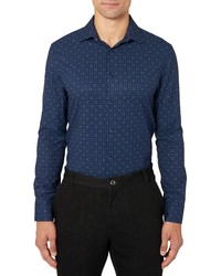 BROOKLYN BRIGADE Trim Fit Stretch Cool Temp Dot Geo Dress Shirt And Face Mask In Navy At Nordstrom