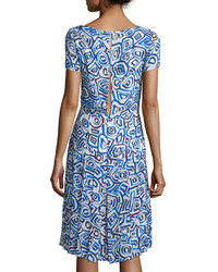 Oscar de la Renta Abstract Watercolor Shaped Print Dress Marine Blue
