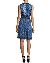 Elie Tahari Audriana Sleeveless Lace Trim Printed Dress Dark Blue