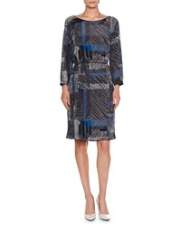 Piazza Sempione Grid Print Belted Long Sleeve Dress Navy
