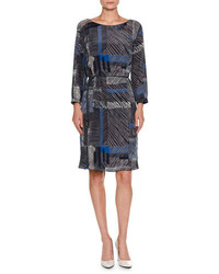 Piazza Sempione Grid Print Belted Long Sleeve Dress Navy