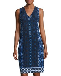 Joan Vass Printed Sleeveless Pocket Dress Blue