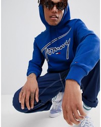 Tommy Jeans Signature Capsule Logo Front Hoodie Relaxed Fit In Blue
