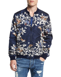 Dolce & Gabbana Bird Print Silk Blouson Jacket Blue