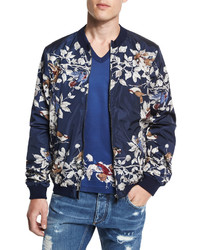 Dolce & Gabbana Bird Print Silk Blouson Jacket Blue