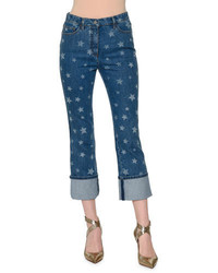 Valentino Star Print Deep Cuff Cropped Jeans Light Blue Denim