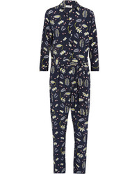 Chinti and Parker Printed Silk Blend Crepe De Chine Jumpsuit Midnight Blue