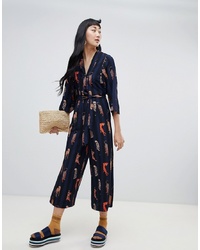 Monki Stripe Jumpsuit With Leopard T In Navy