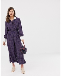 Sister Jane Wide Leg Tea Jumpsuit With Pussybow In Grid Print Multi