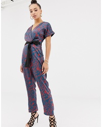 Missguided Wrap Front Jumpsuit With Tie In Blue Floral