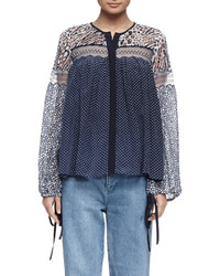 Chloé Chloe Long Sleeve Lace Mixed Print Blouse Navy