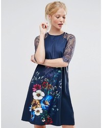 Little Mistress Floral Print And Lace Sleeve Dress