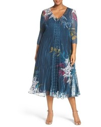Komarov Plus Size Lace Inset Floral Print Chiffon V Neck Dress