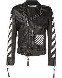 Navy Print Leather Biker Jacket