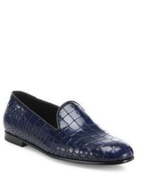 Navy Print Leather Loafers