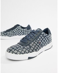 Navy Print Leather Low Top Sneakers