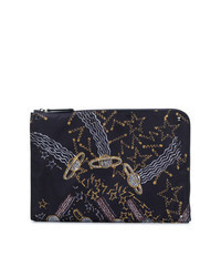 Navy Print Leather Zip Pouch