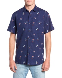 Navy Print Linen Short Sleeve Shirt