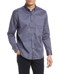 Johnston & Murphy Geometric Print Cotton Button Up Shirt In Navy Multi Prong At Nordstrom