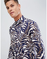 Celio Long Sleeve Slim Fit Shirt With Stretch In Leaf Print