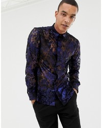 Twisted Tailor Skinny Fit Shirt In Blue Metallic Lace