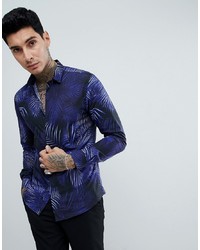 Twisted Tailor Skinny Long Sleeve Shirt In Black Palm Print