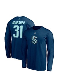 FANATICS Branded Philipp Grubauer Deep Sea Blue Seattle Kraken Authentic Stack Name Number Long Sleeve T Shirt