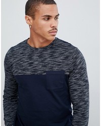 ASOS DESIGN Long Sleeve T Shirt With Textured Yoke And Contrast Pocket In Navy
