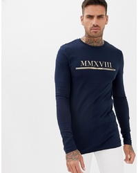 ASOS DESIGN Muscle Fit Long Sleeve T Shirt With Gold Roman Numerals Print