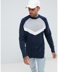 ASOS DESIGN Relaxed Longline Long Sleeve Raglan T Shirt With Chevron Colourblock In Navy