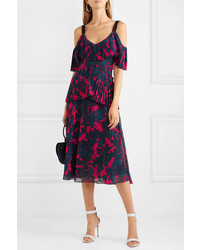 Jason Wu Collection Cold Shoulder Pleated Floral Print Chiffon Midi Dress
