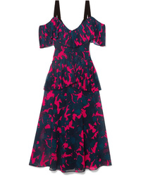 Jason Wu Collection Cold Shoulder Pleated Floral Print Chiffon Midi Dress