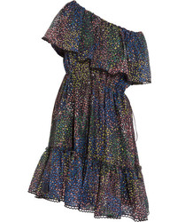 Chloé Firework Off The Shoulder Printed Cotton Blend Mini Dress Blue