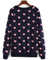 Round Neck Heart Print Navy Sweatshirt