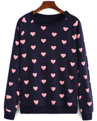 Round Neck Heart Print Navy Sweatshirt
