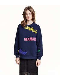 H&M Sweatshirt With Appliqus Dark Blue Ladies