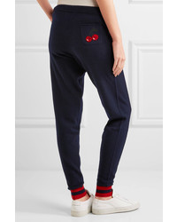 Chinti and Parker Cherry Intarsia Cashmere Track Pants Navy